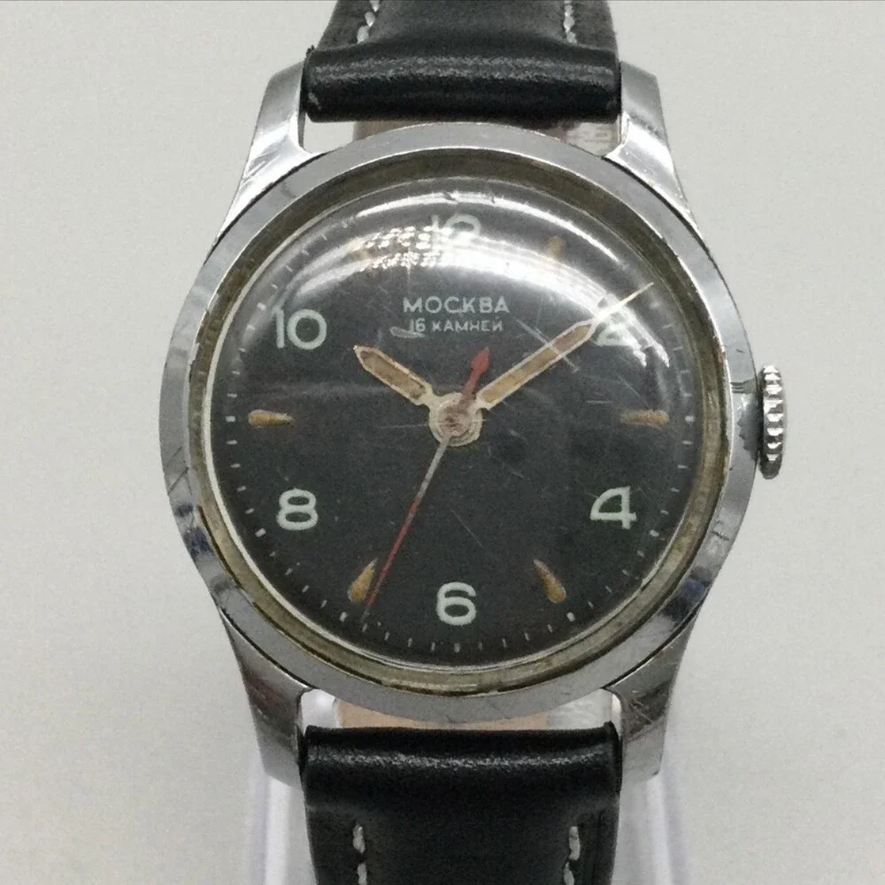 Vintage Moskva Mens Watch 29mm Black Dial Leather USSR Soviet Russia Moskva